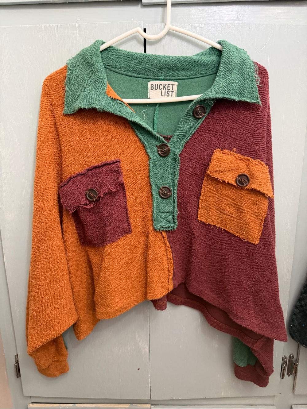 BUCKETLIST Colorblock Terry Cardigan in Orange, Burgundy & Green